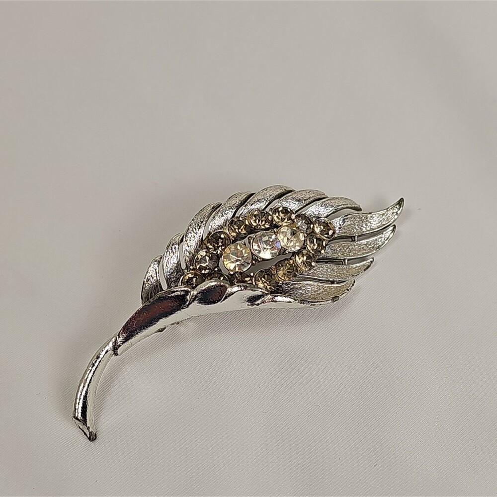 Vintage Coro Feather Rhinestone Brooch Silver Tone Mid Century